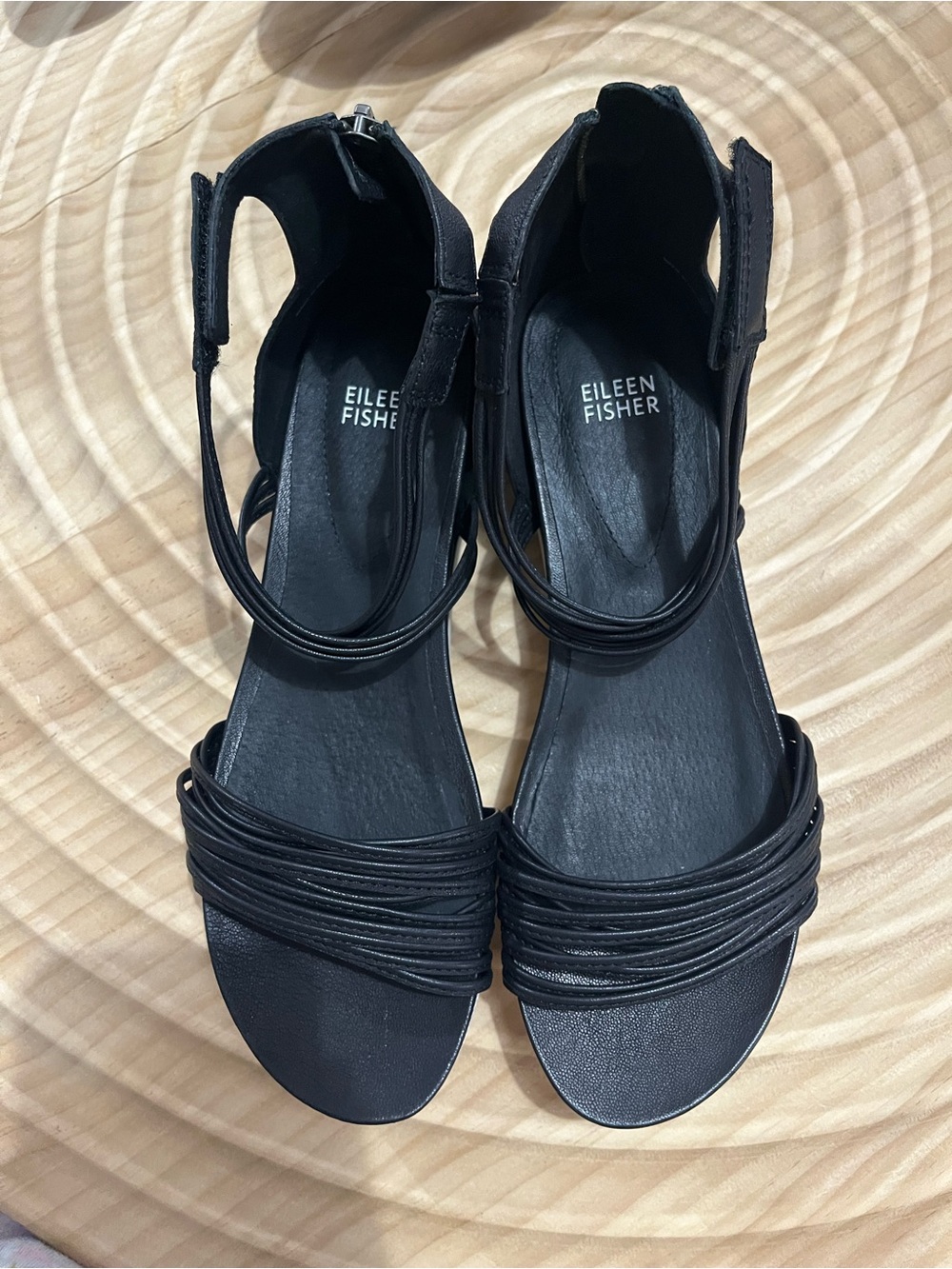 Eileen Fisher Black Multi-Strap Leather Ankle Sandals
